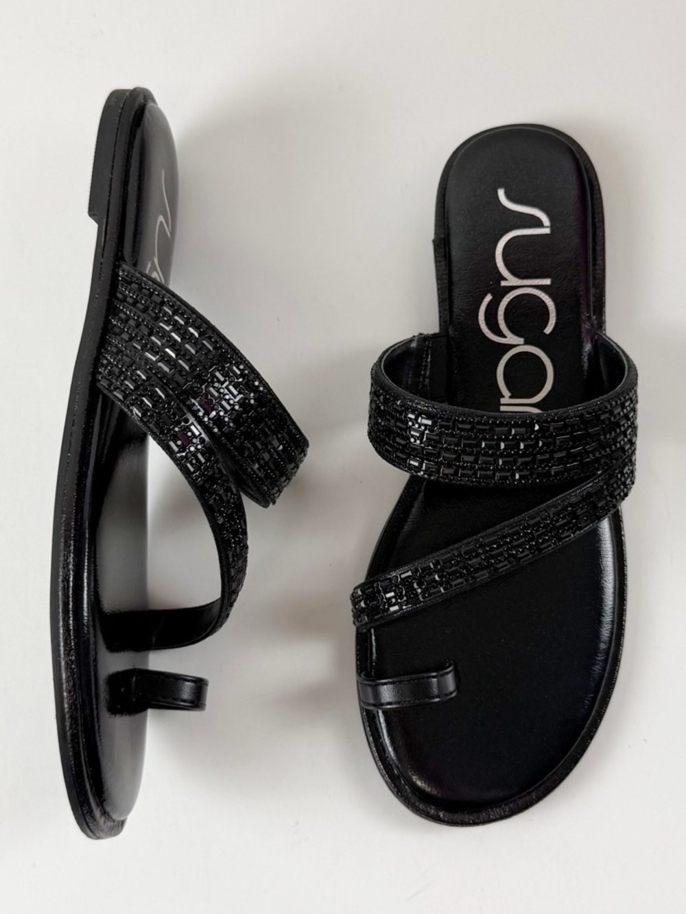 Sugar Strappy Pacifico Slide Sandals Womens 6.5M Black Stone Flats NEW